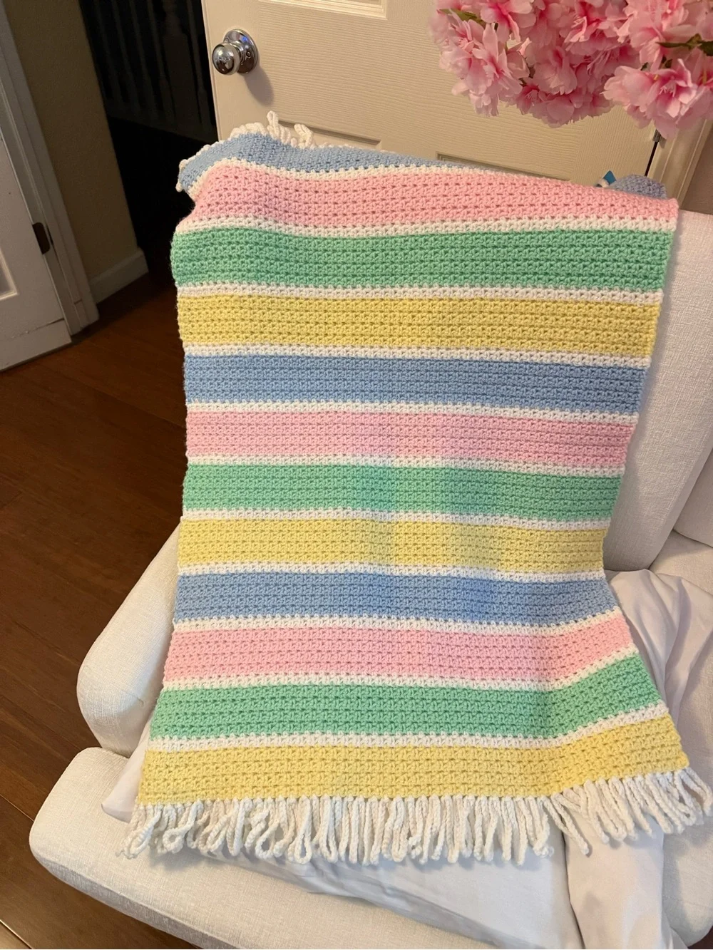 Handmade Cotton Crochet Afghan Lullaby Baby Blanket NWOT. Pastel Colors